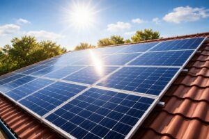 Panneaux photovoltaïques sur toiture exposés au soleil, produisant de l’électricité solaire