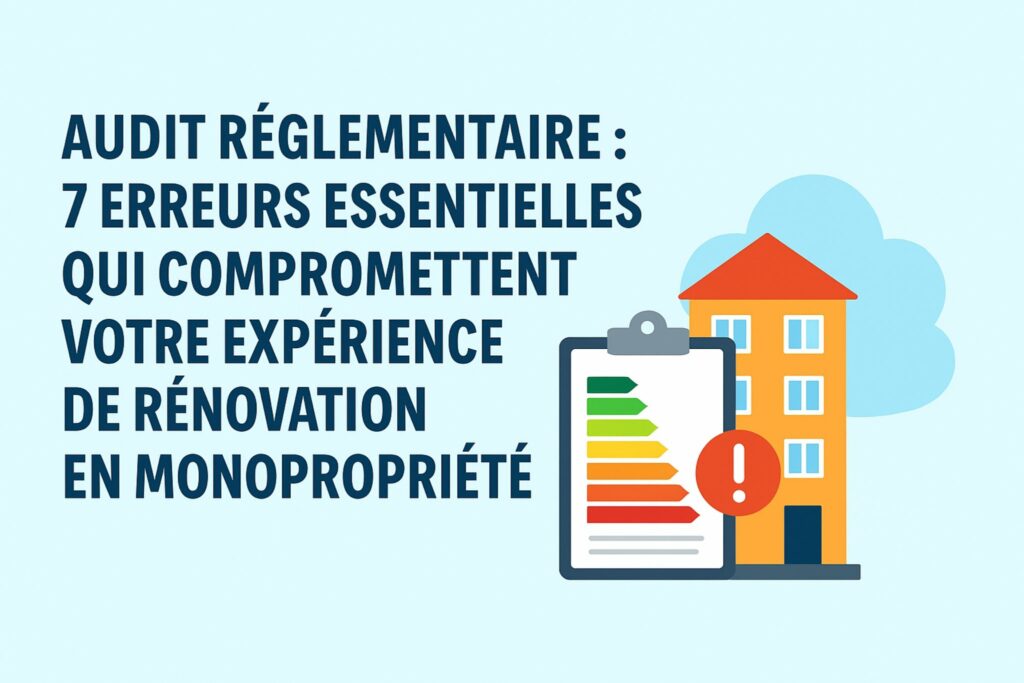Illustration d’un audit réglementaire de rénovation énergétique avec un immeuble et un diagnostic de performance énergétique signalant une alerte.