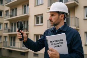 un technicien qui réalise un diagnostic technique global