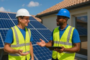 Techniciens photovoltaïques vérifiant une installation de panneaux solaires