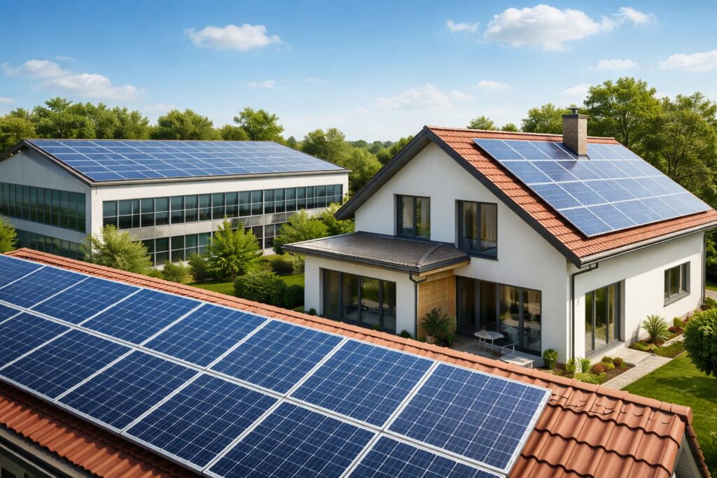 Maison individuelle et bâtiment professionnel équipés de panneaux photovoltaïques pour la production d’électricité solaire